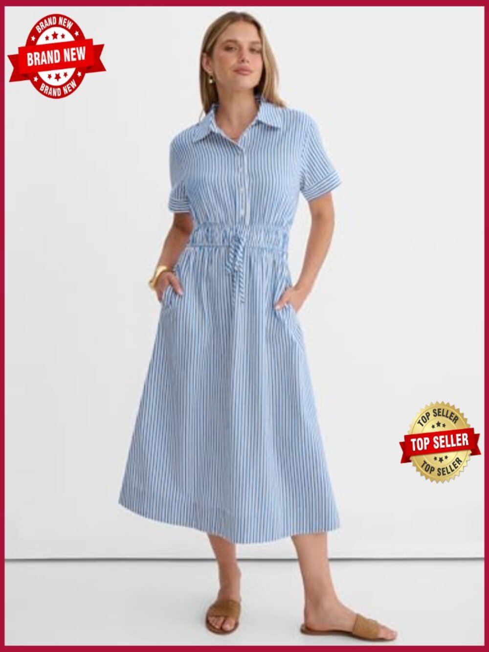 Striped Button Down Midi Dress with Pockets - Picture 5 of 7